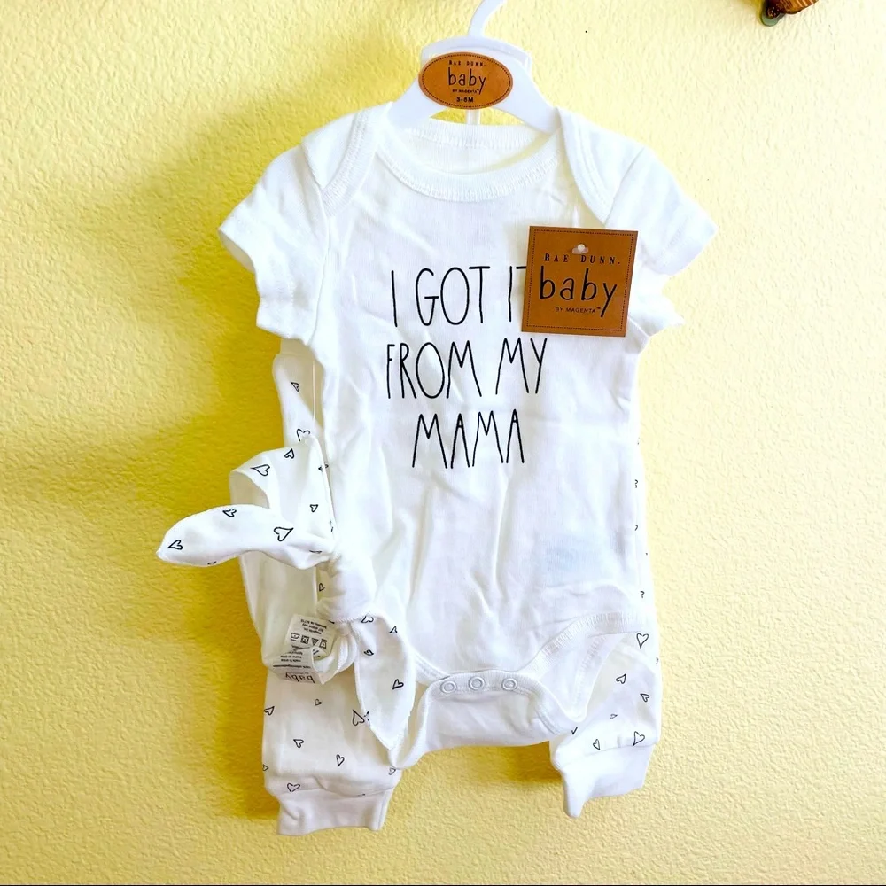 Rae Dunn I GOT IT FROM MY MAMA Baby Girl Bodysuit Pants Headband 3Piece Set 3-6M